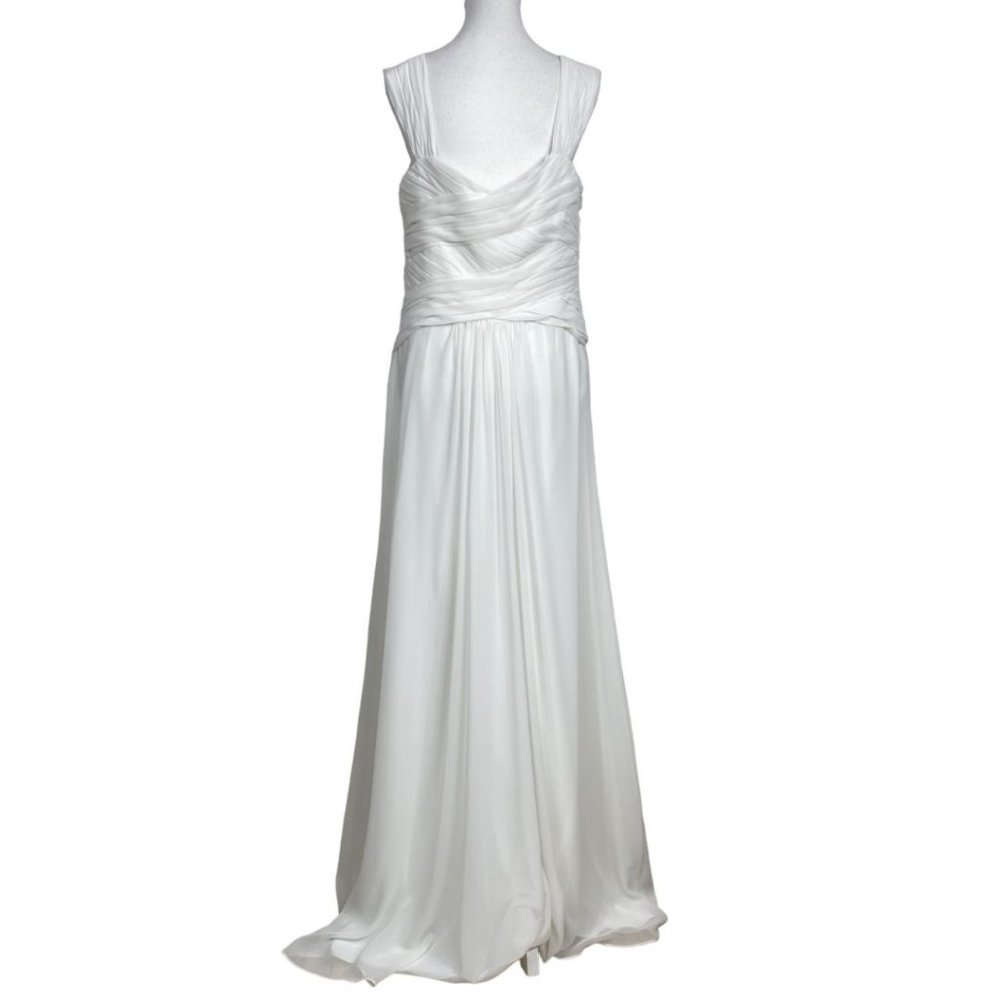 - MONIQUE LHUILLIER WHITE CHIFFON SLEEVELESS BRIDAL WEDDING DRE… - Picture 3 of 11